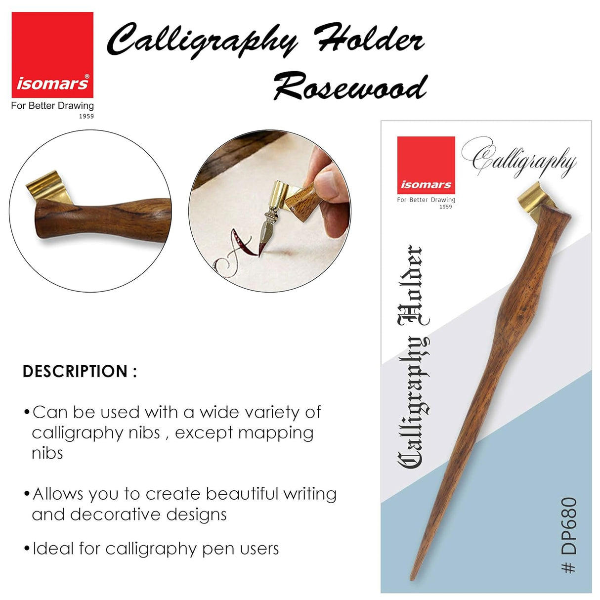 Isomars Calligraphy Holder For Copperplate Calligraphy Rose Wood with Brass Flange - Isomars