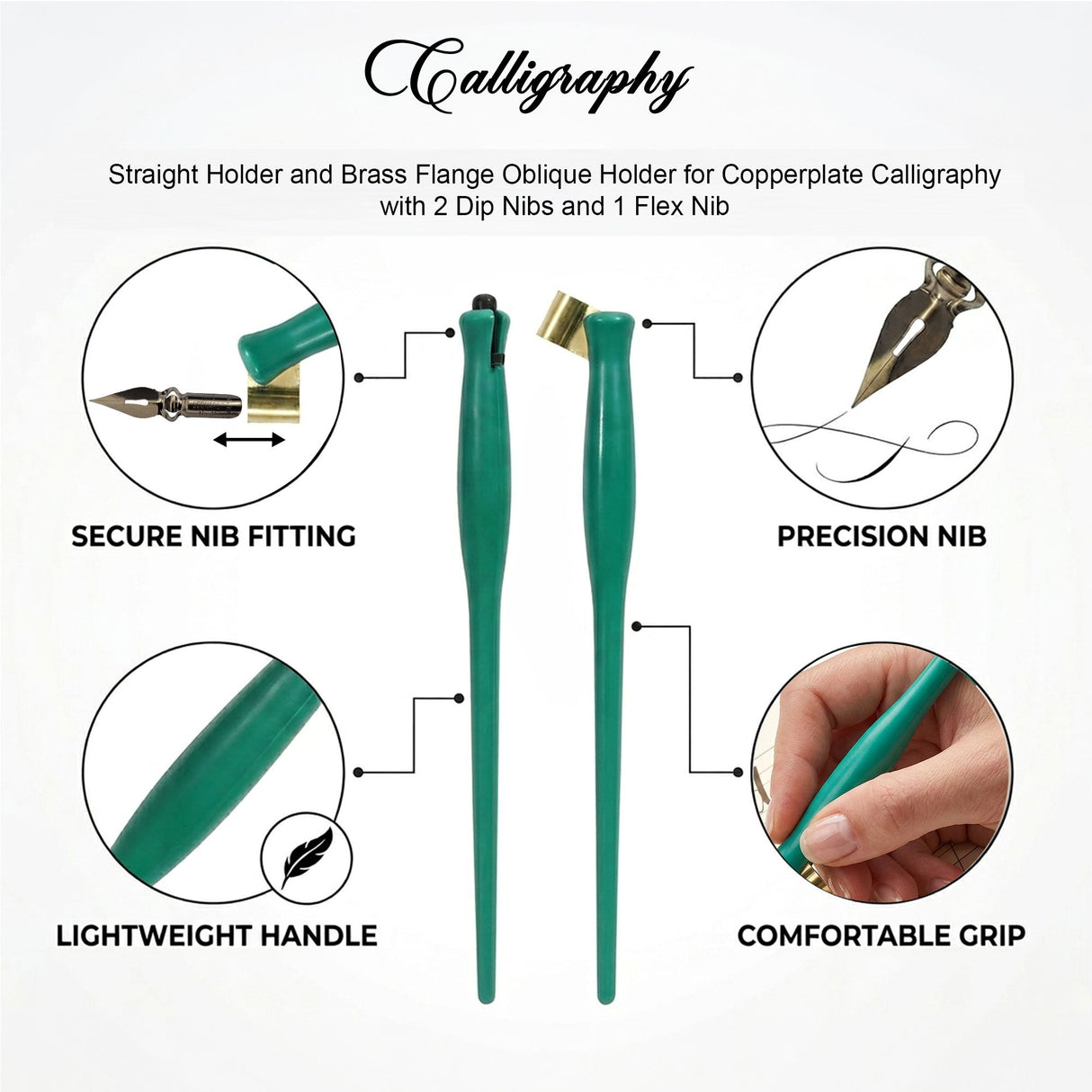 Isomars Calligraphy Pen Set with 2 Holders, 3 Nibs & Brass Flange for English, Copperplate and decorative calligraphy - Isomars