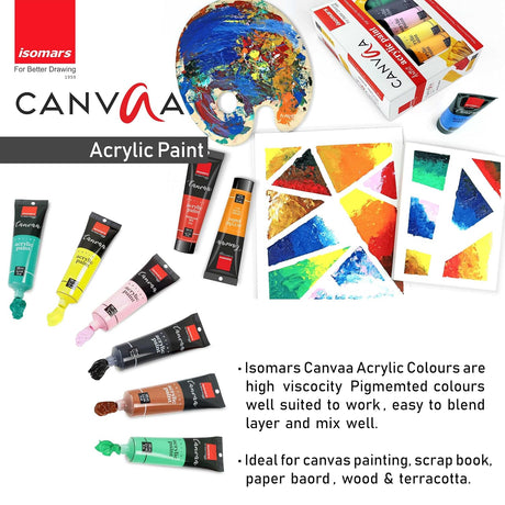 Isomars Canvaa Acrylic Paint 100ml - Set of 12 Vibrant Pigmented & Fadeproof Colors - ARTIST SERIES - For Canvas Painting, Scrap Book, Paper Board, Wood & Terracotta - Isomars