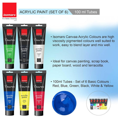 Isomars Canvaa Acrylic Paint 100ml - Set of 6 Vibrant Pigmented & Fadeproof Colors - ARTIST SERIES - For Canvas Painting, Scrap Book, Paper Board, Wood & Terracotta - Isomars