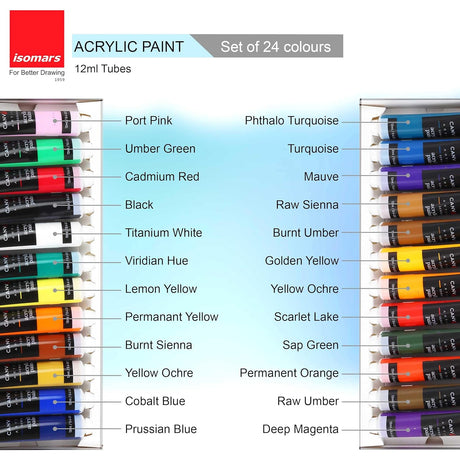 Isomars Canvaa Acrylic Paint 12ml And Set of 4 Round Brush Free - Vibrant Pigmented & Fadeproof Colours 4 - ARTIST SERIES - For Canvas Painting, (12ML - Set of 24) - Isomars