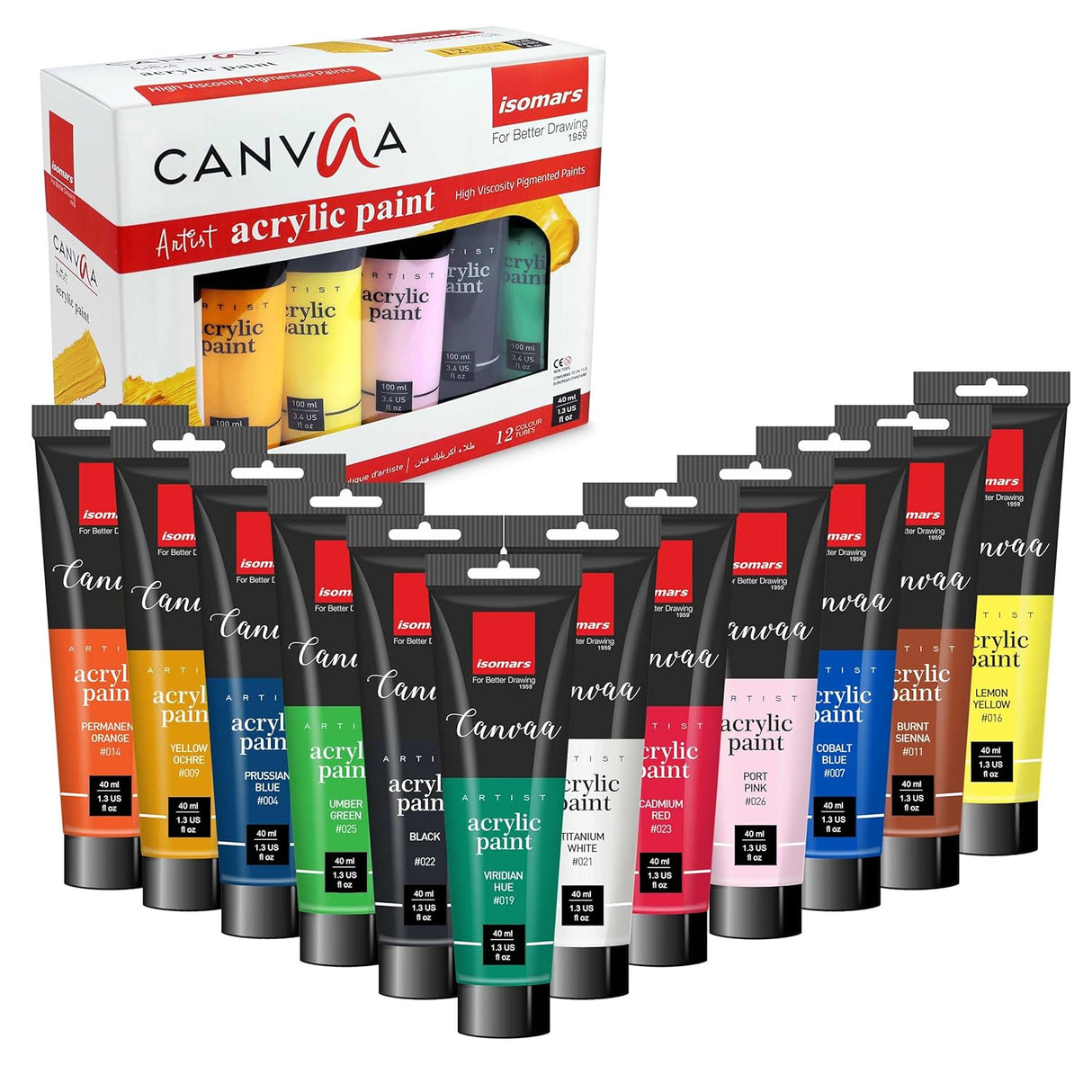 Isomars CANVAA Acrylic Paints - (40ml) - Set of 12 Vibrant Pigminted & Fadeproof Colours 4 - ARTIST SERIES - For Canvas Painting, Scrap Book, Paper Board, Wood & Terracotta - Isomars