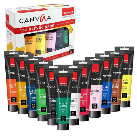 Isomars CANVAA Acrylic Paints - (40ml) - Set of 12 Vibrant Pigminted & Fadeproof Colours 4 - ARTIST SERIES - For Canvas Painting, Scrap Book, Paper Board, Wood & Terracotta - Isomars