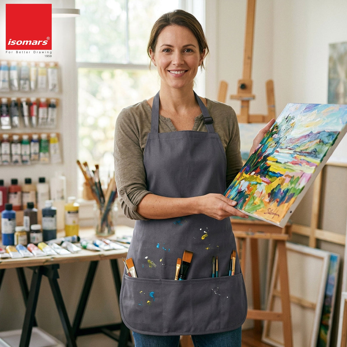 Isomars Canvas Painter's Apron with Adjustable Strap & Tool Pockets for brushes, tools, and art supplies - Isomars