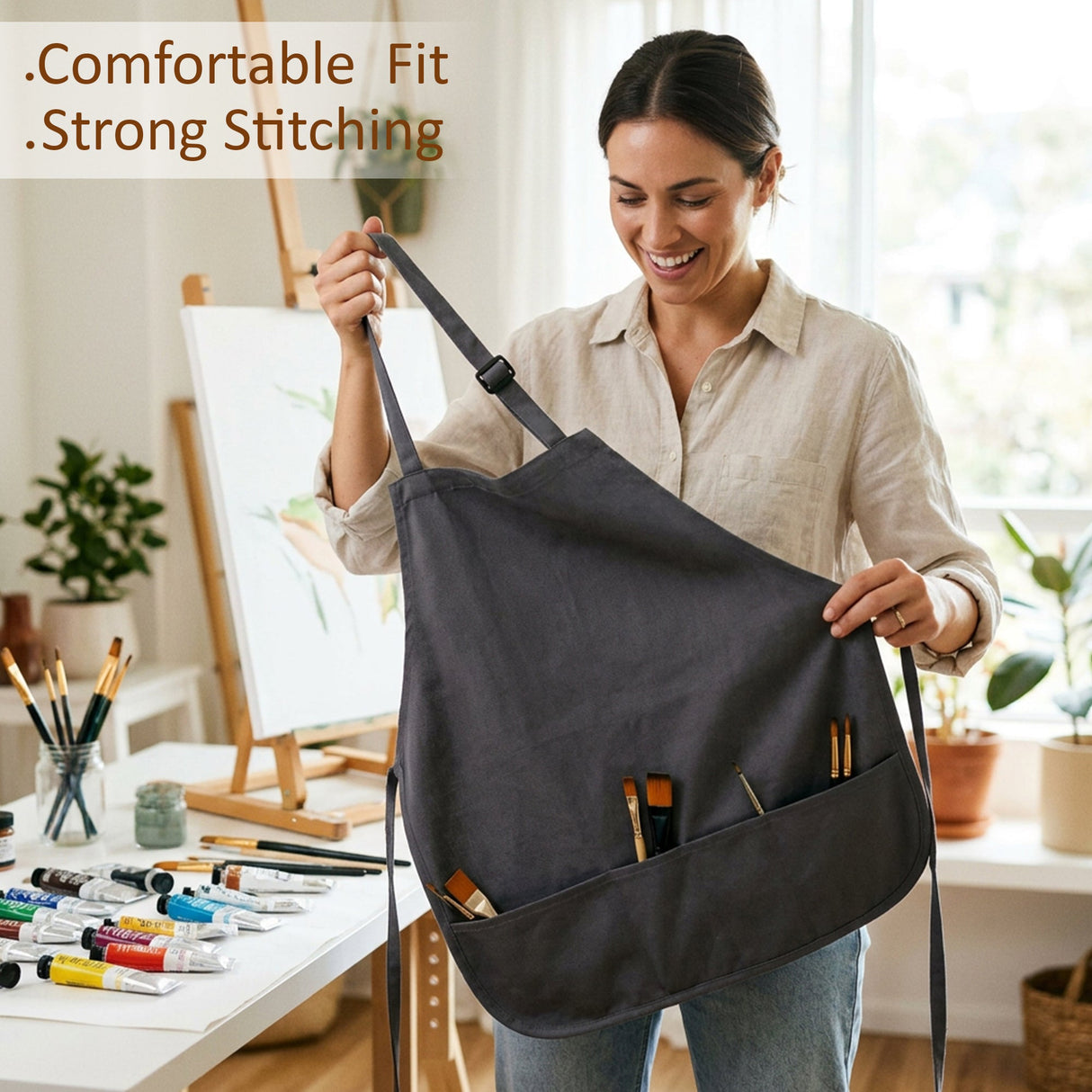 Isomars Canvas Painter's Apron with Adjustable Strap & Tool Pockets for brushes, tools, and art supplies - Isomars