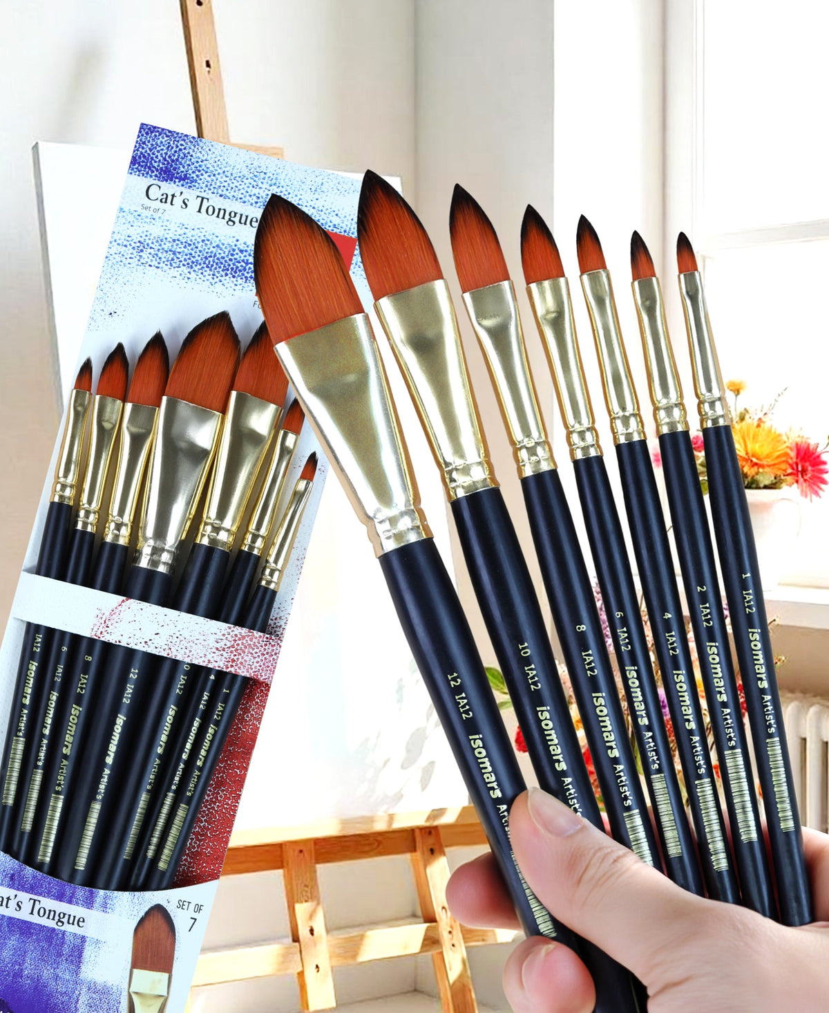 Isomars Cat's Tongue Paint Brush Set of 7 | Sizes 1, 2, 4, 6, 8, 10, 12 - Isomars
