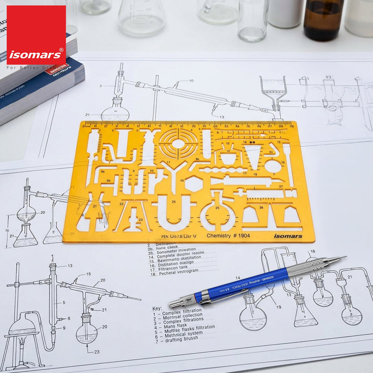 Isomars Chemistry Laboratory Drawing Template Stencil | Technical Drafting Tool for Scientific Apparatus & Lab Equipment Symbols | Transparent Plastic Template with Metric Scale (Art 1904) - Isomars