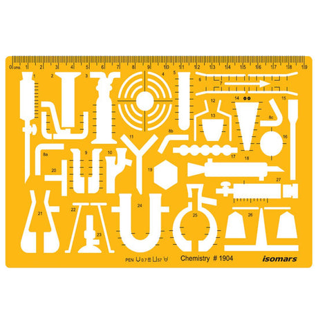 Isomars Chemistry Laboratory Drawing Template Stencil | Technical Drafting Tool for Scientific Apparatus & Lab Equipment Symbols | Transparent Plastic Template with Metric Scale (Art 1904) - Isomars