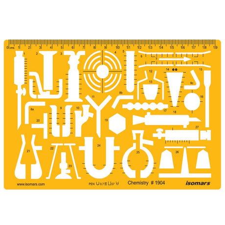 Isomars Chemistry Laboratory Drawing Template Stencil | Technical Drafting Tool for Scientific Apparatus & Lab Equipment Symbols | Transparent Plastic Template with Metric Scale (Art 1904) - Isomars