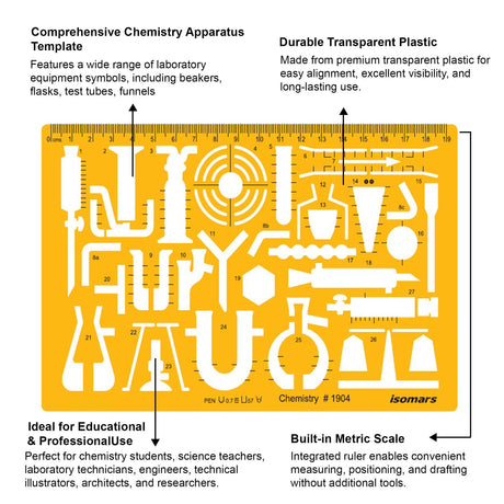 Isomars Chemistry Laboratory Drawing Template Stencil | Technical Drafting Tool for Scientific Apparatus & Lab Equipment Symbols | Transparent Plastic Template with Metric Scale (Art 1904) - Isomars