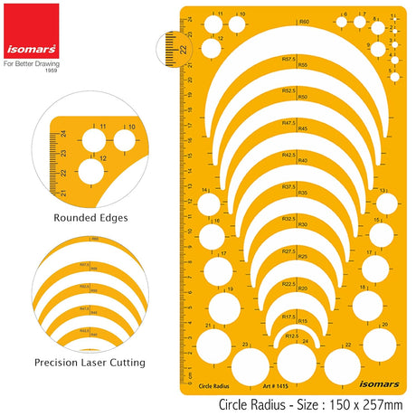 Isomars Circle Radius Drawing Drafting Template for Students & Professionals - 150 x 257mm - Isomars