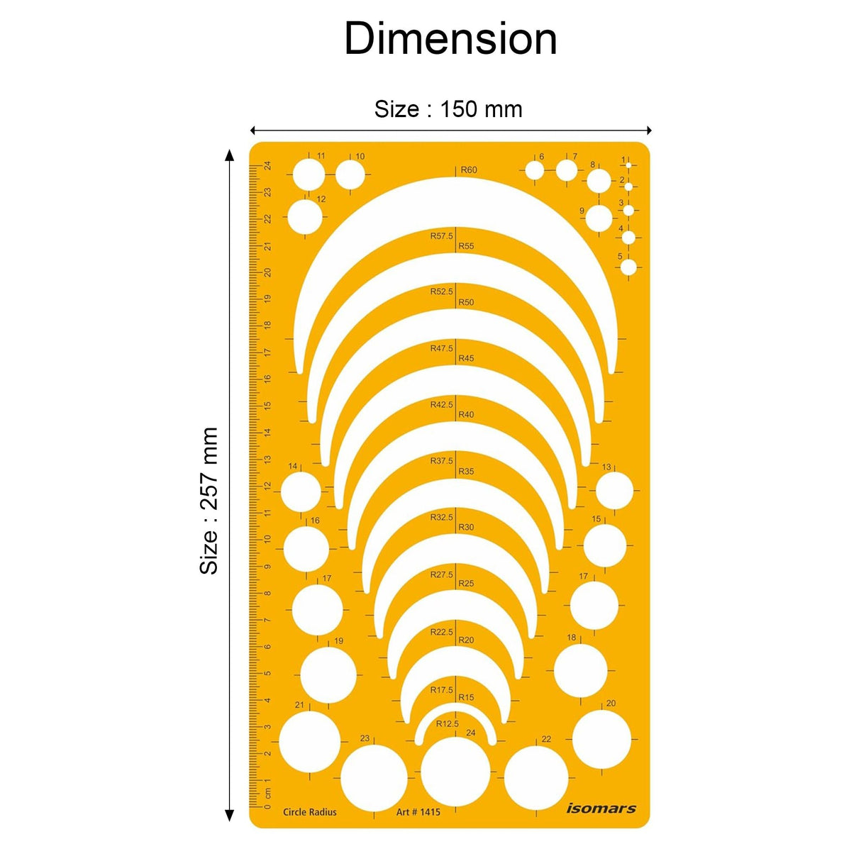 Isomars Circle Radius Template Ruler | Precision Drafting Stencil with Radius Curves R12.5-R60, Circle Templates & Metric Scale | Engineering, Architecture, Technical Drawing & Design Tool (150 x 257 mm) - Isomars