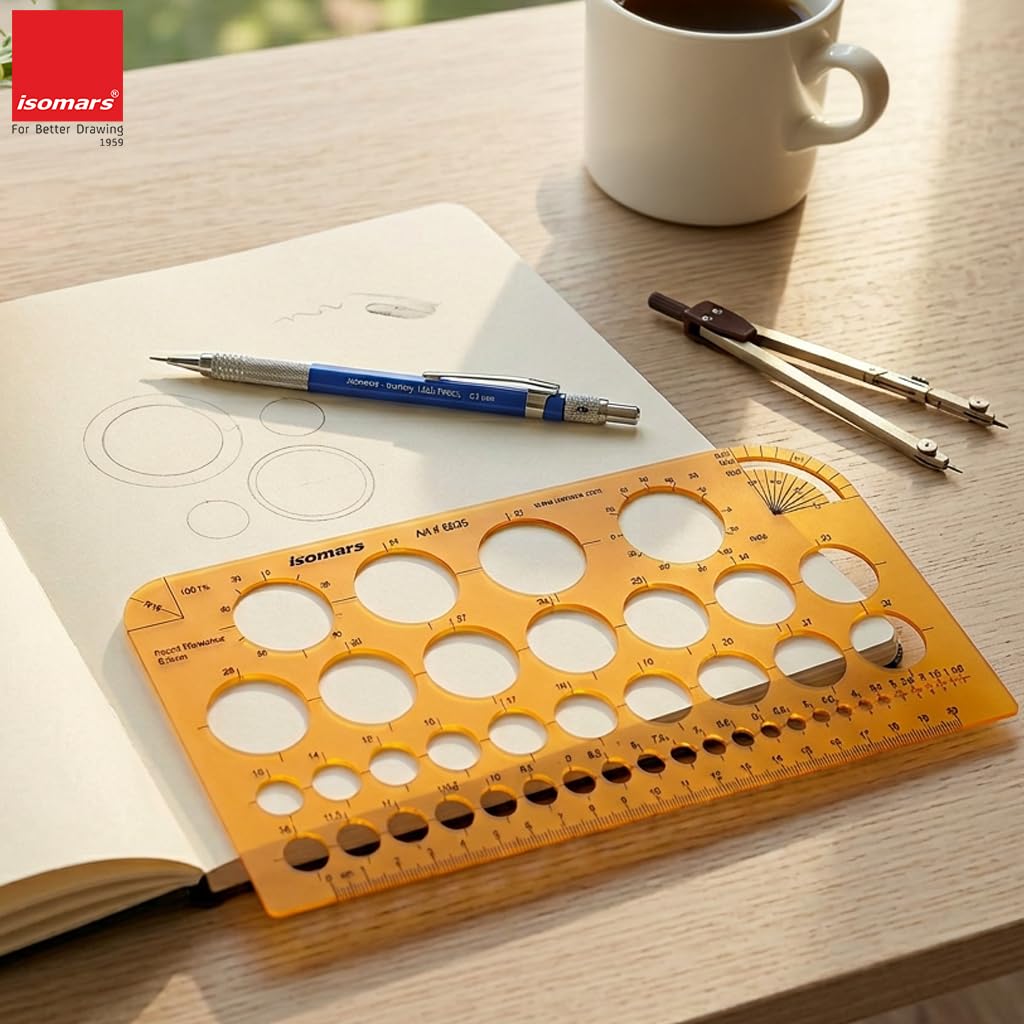 Isomars Circle Template Stencil with Multiple Diameter Sizes, Precision Geometry Drafting Tool with cm/mm Ruler, Degree Angle Guides & Smooth Round Edges for Students, Engineers, Architects & Designers - Isomars