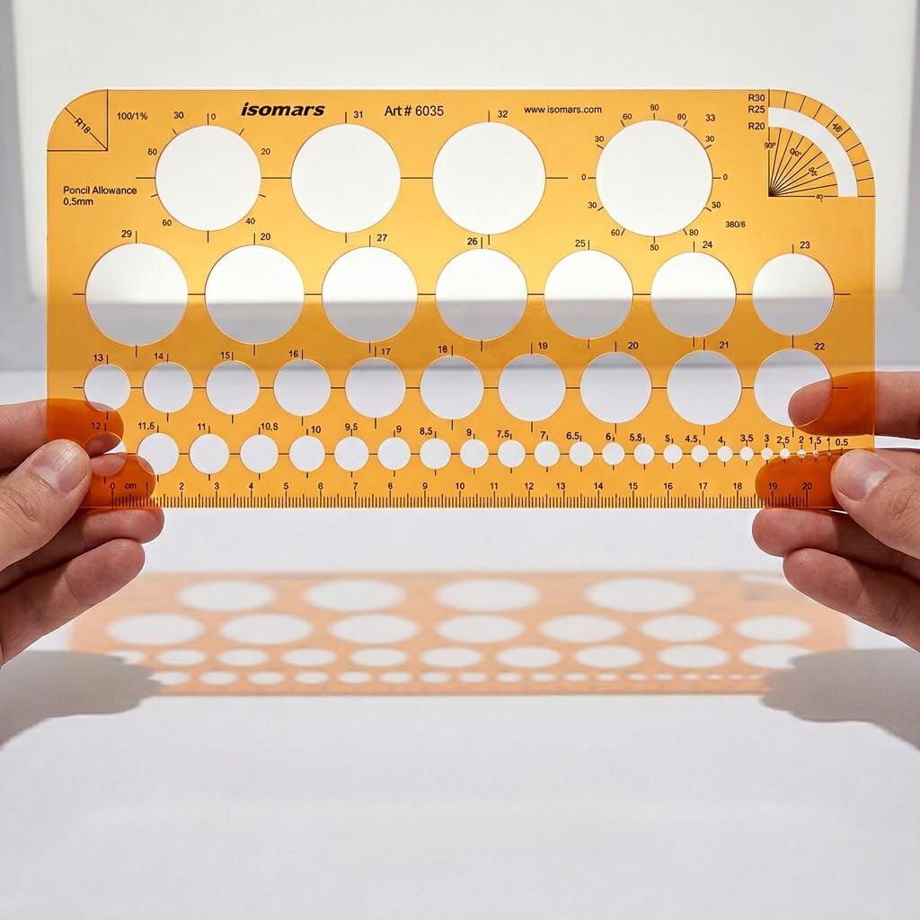 Isomars Circle Template Stencil with Multiple Diameter Sizes, Precision Geometry Drafting Tool with cm/mm Ruler, Degree Angle Guides & Smooth Round Edges for Students, Engineers, Architects & Designers - Isomars