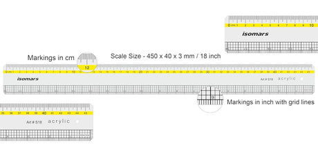 Isomars Clear Acrylic Ruler with Grid Lines 18 Inch | Transparent Precision Measuring Scale for Artists, Architects, Engineers, Designers & Students - Isomars