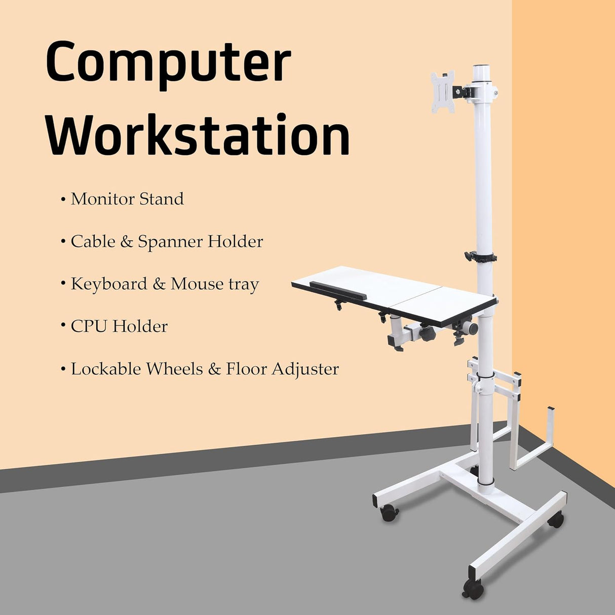 Isomars Computer Standing Desktop Workstation with Adjustable Monitor Mount | Sit Stand Table with Keyboard & Mouse Tray, CPU Holder & Wheels | Height Adjustable Ergonomic Office Desk (White) - Isomars