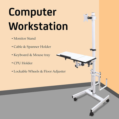 Isomars Computer Standing Desktop Workstation with Adjustable Monitor Mount | Sit Stand Table with Keyboard & Mouse Tray, CPU Holder & Wheels | Height Adjustable Ergonomic Office Desk (White) - Isomars