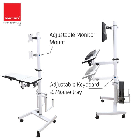 Isomars Computer Standing Desktop Workstation with Adjustable Monitor Mount | Sit Stand Table with Keyboard & Mouse Tray, CPU Holder & Wheels | Height Adjustable Ergonomic Office Desk (White) - Isomars