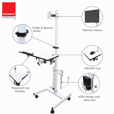 Isomars Computer Standing Desktop Workstation with Adjustable Monitor Mount | Sit Stand Table with Keyboard & Mouse Tray, CPU Holder & Wheels | Height Adjustable Ergonomic Office Desk (White) - Isomars
