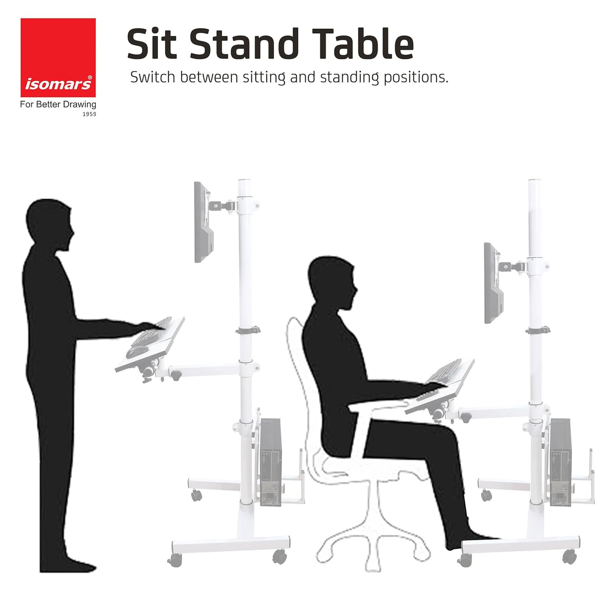 Isomars Computer Standing Desktop Workstation with Adjustable Monitor Mount | Sit Stand Table with Keyboard & Mouse Tray, CPU Holder & Wheels | Height Adjustable Ergonomic Office Desk (White) - Isomars