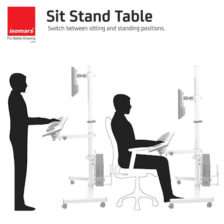 Isomars Computer Standing Desktop Workstation with Adjustable Monitor Mount | Sit Stand Table with Keyboard & Mouse Tray, CPU Holder & Wheels | Height Adjustable Ergonomic Office Desk (White) - Isomars
