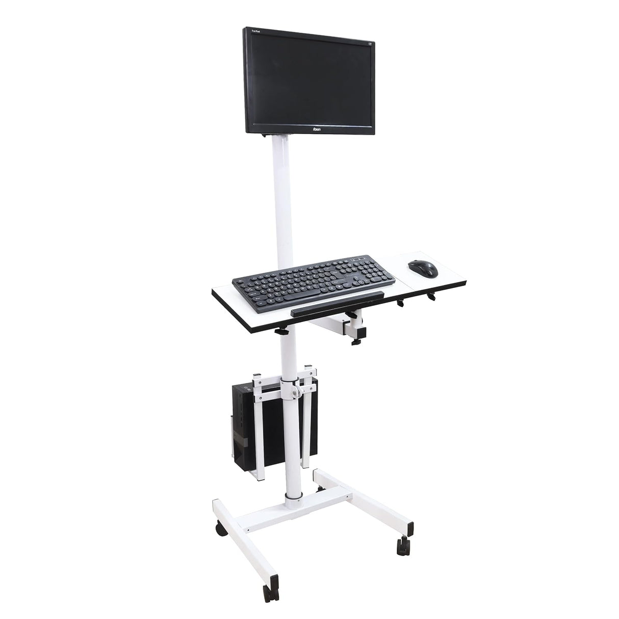 Isomars Computer Standing Desktop Workstation with Adjustable Monitor Mount | Sit Stand Table with Keyboard & Mouse Tray, CPU Holder & Wheels | Height Adjustable Ergonomic Office Desk (White) - Isomars