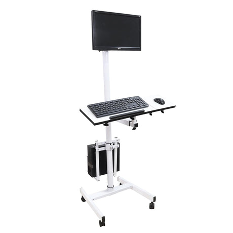 Isomars Computer Standing Desktop Workstation with Adjustable Monitor Mount | Sit Stand Table with Keyboard & Mouse Tray, CPU Holder & Wheels | Height Adjustable Ergonomic Office Desk (White) - Isomars