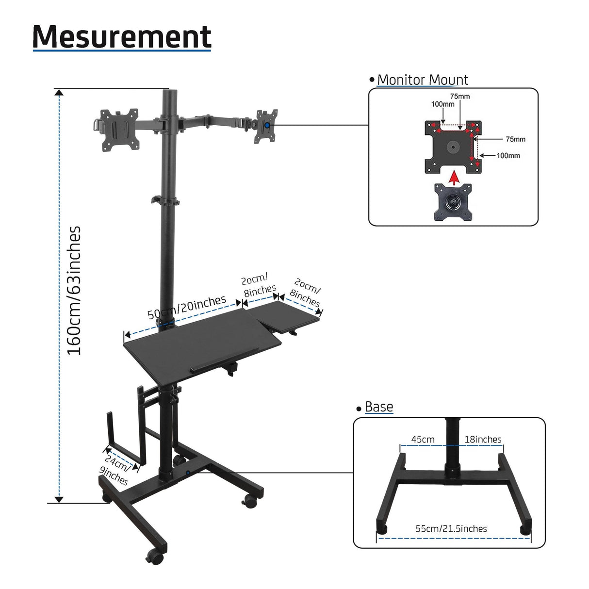 Isomars Computer Standing Desktop Workstation with Dual Monitor Mount Adjustable Height with Keyboard & Mouse Tray Space for CPU Holder, Sit Stand Table comes with Wheel for easy to move - Isomars