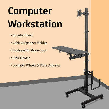 Isomars Computer Standing Desktop Workstation with Monitor Mount Adjustable Height with Keyboard & Mouse Tray Space for CPU Holder, Sit Stand Table Comes with Wheels for Easy to Move. - Isomars