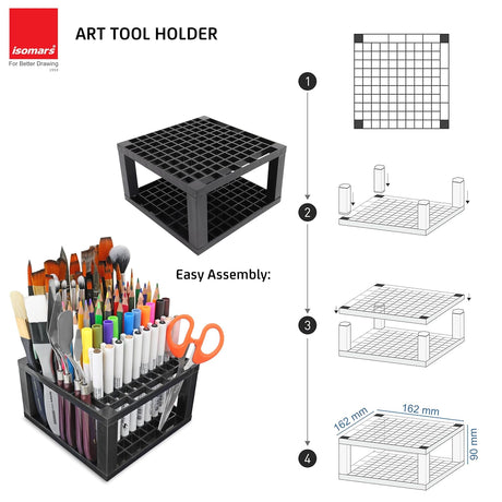 Isomars Creative Art Tools Holder 107 Compartments | Black Brush Holder Stand, Pencil & Sketch Pen Organizer | Desktop Organiser for Office, Art Supplies & Stationery (Without Tools) - Isomars