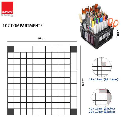 Isomars Creative Art Tools Holder 107 Compartments | Black Brush Holder Stand, Pencil & Sketch Pen Organizer | Desktop Organiser for Office, Art Supplies & Stationery (Without Tools) - Isomars