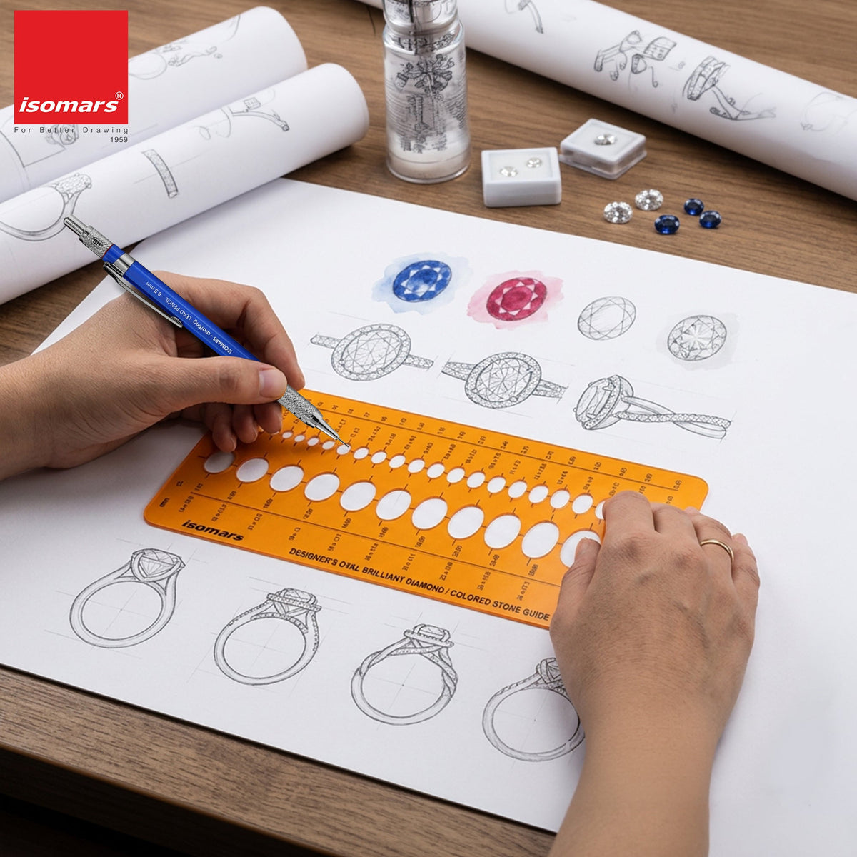 Isomars Designer's Oval Brilliant Diamond & Colored Stone Guide Template No. 2010 | Jewelry Designing Stencil for Gemstone Sketching, Ring & Ornament Design | Transparent Plastic Template - Isomars