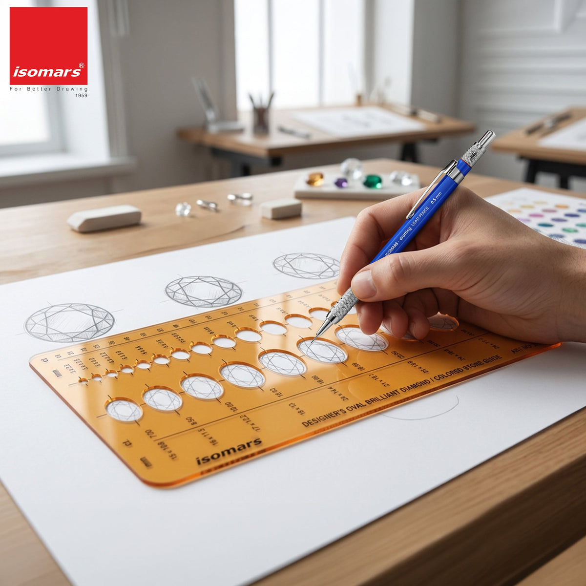 Isomars Designer's Oval Brilliant Diamond & Colored Stone Guide Template No. 2010 | Jewelry Designing Stencil for Gemstone Sketching, Ring & Ornament Design | Transparent Plastic Template - Isomars