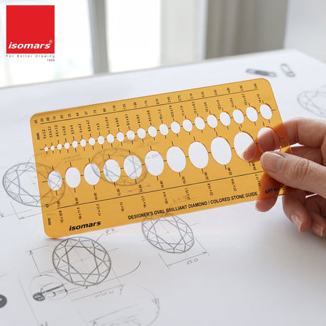 Isomars Designer's Oval Brilliant Diamond & Colored Stone Guide Template No. 2010 | Jewelry Designing Stencil for Gemstone Sketching, Ring & Ornament Design | Transparent Plastic Template - Isomars