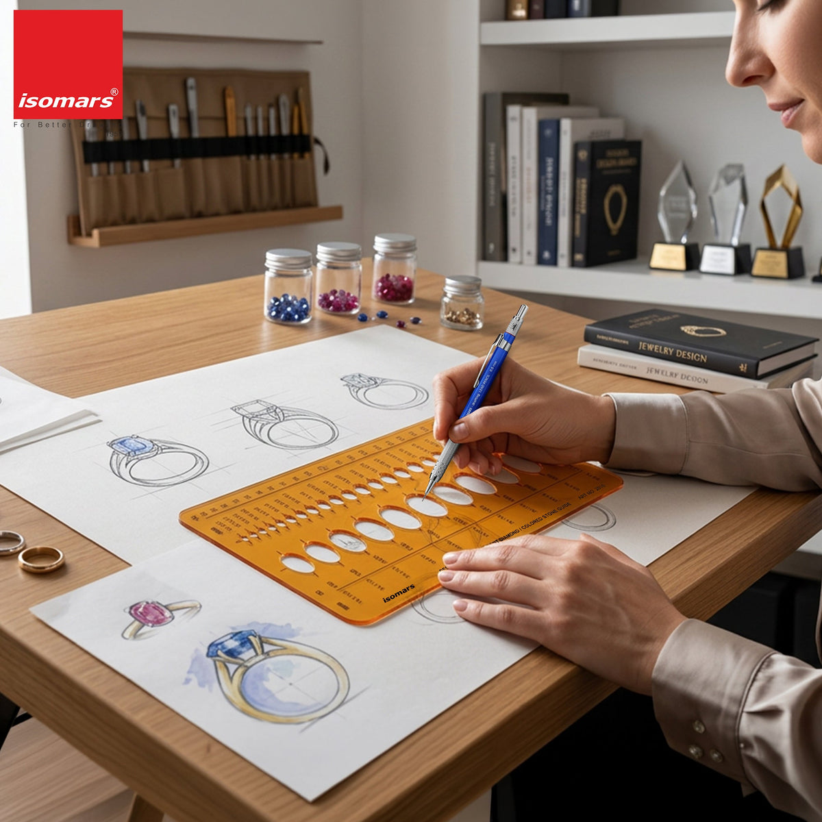 Isomars Designer's Oval Brilliant Diamond & Colored Stone Guide Template No. 2010 | Jewelry Designing Stencil for Gemstone Sketching, Ring & Ornament Design | Transparent Plastic Template - Isomars
