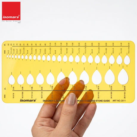 Isomars Designer's Pear Brilliant Diamond & Colored Stone Guide Template No. 2011 | Jewelry Design Stencil for Pear Cut Gemstone Sketching, Ring & Ornament Drafting | Transparent Plastic - Isomars