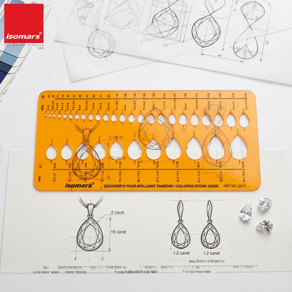 Isomars Designer's Pear Brilliant Diamond & Colored Stone Guide Template No. 2011 | Jewelry Design Stencil for Pear Cut Gemstone Sketching, Ring & Ornament Drafting | Transparent Plastic - Isomars