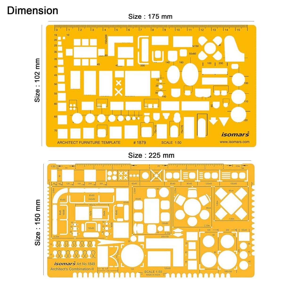Isomars Designing Templates Combo Set of 11 | Architectural, Engineering & Interior Design Drafting Templates with Broad Scale Ruler for Technical Drawing, CAD Sketching & Planning - Isomars