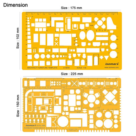 Isomars Designing Templates Combo Set of 11 | Architectural, Engineering & Interior Design Drafting Templates with Broad Scale Ruler for Technical Drawing, CAD Sketching & Planning - Isomars
