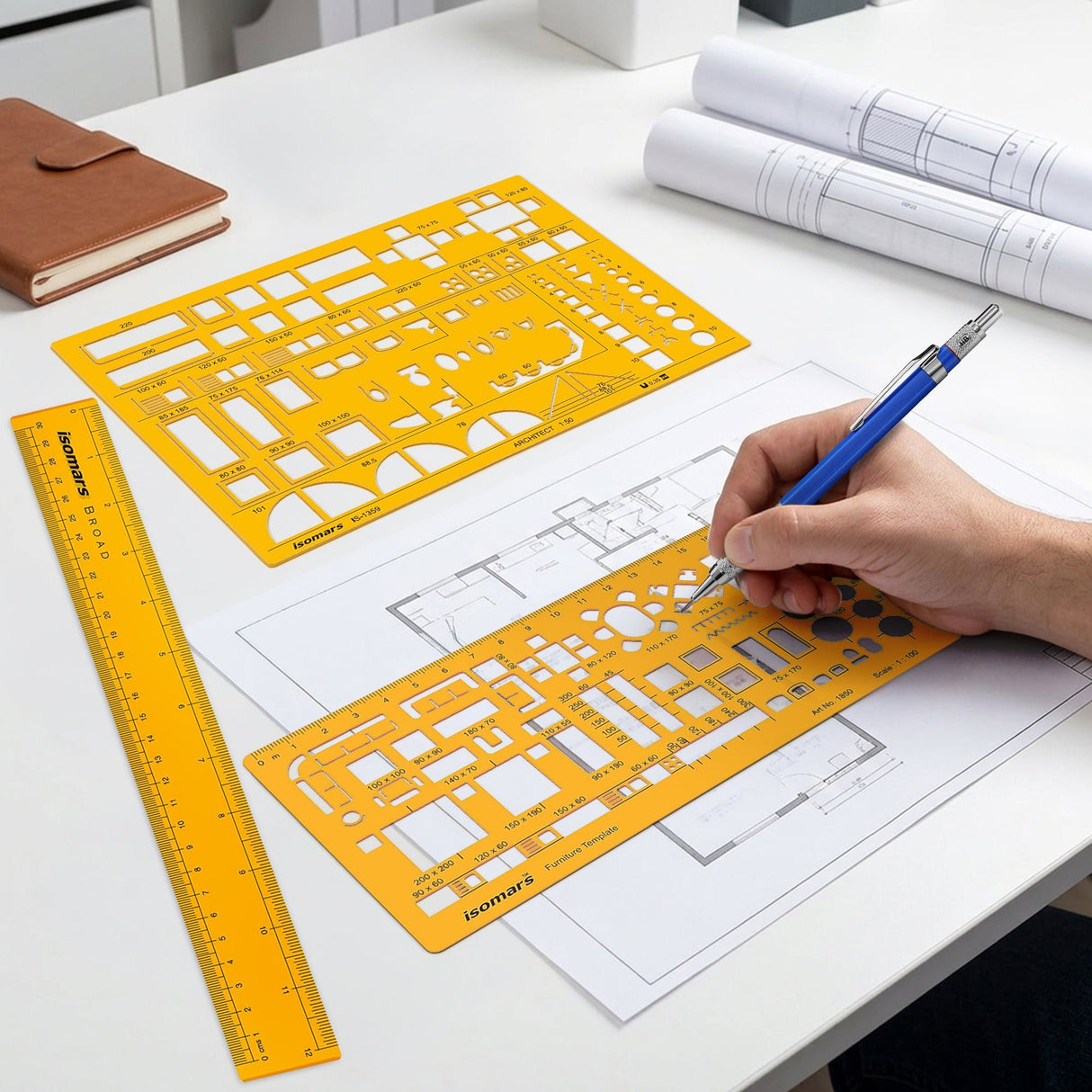 Isomars Designing Templates Combo Set of 11 | Architectural, Engineering & Interior Design Drafting Templates with Broad Scale Ruler for Technical Drawing, CAD Sketching & Planning - Isomars