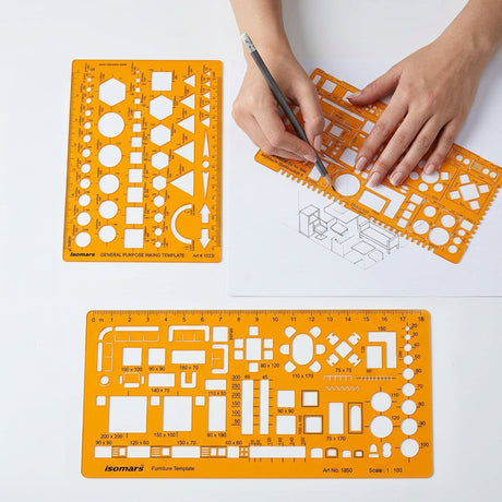 Isomars Designing Templates Combo Set of 8 | Engineering, Architecture & Interior Design Drafting Stencil Kit with General Purpose Template, Furniture, Electrical & Geometric Templates for Drawing & Drafting - Isomars