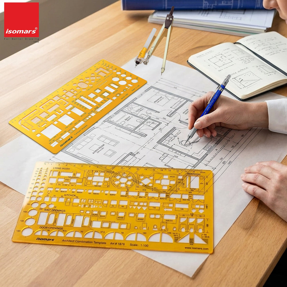 Isomars Designing Templates Combo Set of 8 | Engineering, Architecture & Interior Design Drafting Stencil Kit with General Purpose Template, Furniture, Electrical & Geometric Templates for Drawing & Drafting - Isomars