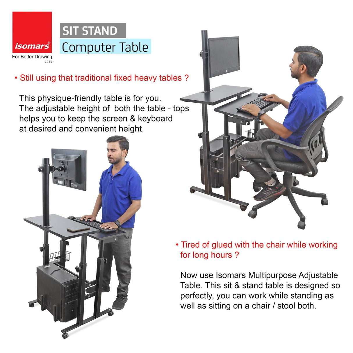Isomars Desktop & Laptop Multipurpose Table and Adjustable Height & angles, Computer Workstation, Monitor Arm Pipe - Useful for Using Gadgets Like Desktop, Laptop Made In India (Black) - Isomars