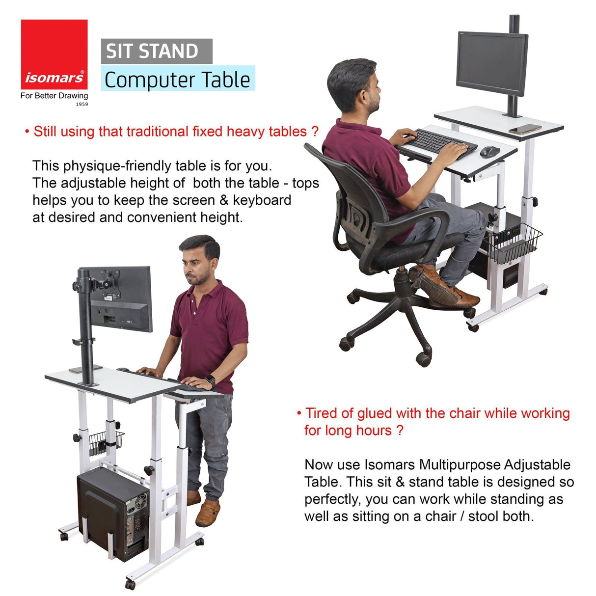 Isomars Desktop & Laptop Multipurpose Table and Adjustable Height & angles, Computer Workstation, Monitor Arm Pipe - Useful for Using Gadgets Like Desktop, Laptop Made In India (WHITE) - Isomars