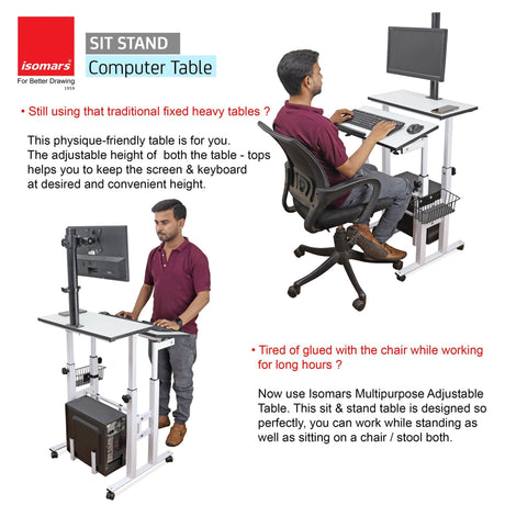 Isomars Desktop & Laptop Multipurpose Table and Adjustable Height & angles, Computer Workstation, Monitor Arm Pipe - Useful for Using Gadgets Like Desktop, Laptop Made In India (WHITE) - Isomars