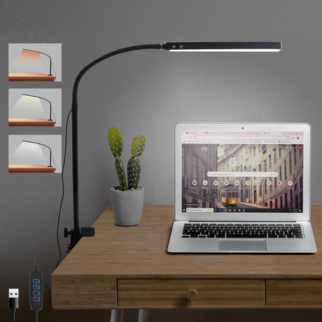 Isomars Desktop Table lamp, Overhead LED Desk Lamp Light, Table Holding clamp, Study, Computer lamp, 12" Light bar Flexible Gooseneck, 3 Color Mode, for Desktop, Bedroom, Office, Reading, etc - Isomars