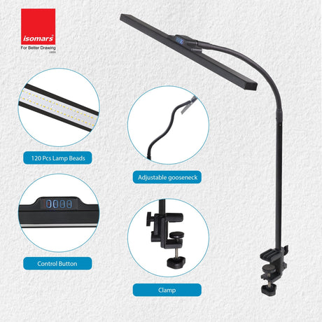 Isomars Desktop Table lamp, Overhead LED Desk Lamp Light, Table Holding clamp, Study, Computer lamp, 24" Light bar Flexible Gooseneck, 3 Color Mode, for Desktop, Bedroom, Office, Reading, etc - Isomars