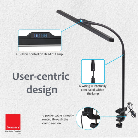 Isomars Desktop Table lamp, Overhead LED Desk Lamp Light, Table Holding clamp, Study, Computer lamp, 24" Light bar Flexible Gooseneck, 3 Color Mode, for Desktop, Bedroom, Office, Reading, etc - Isomars