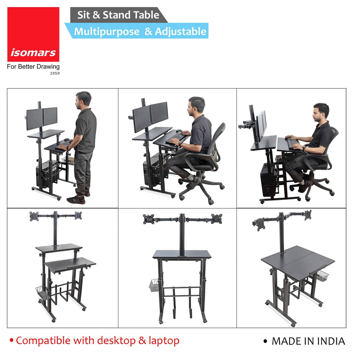 Isomars Desktop Table with dual Monitor Mount - Adjustable Height & Angles, Computer Workstation Useful for Gadgets Like Desktop, Laptop- Made in India (Black). - Isomars