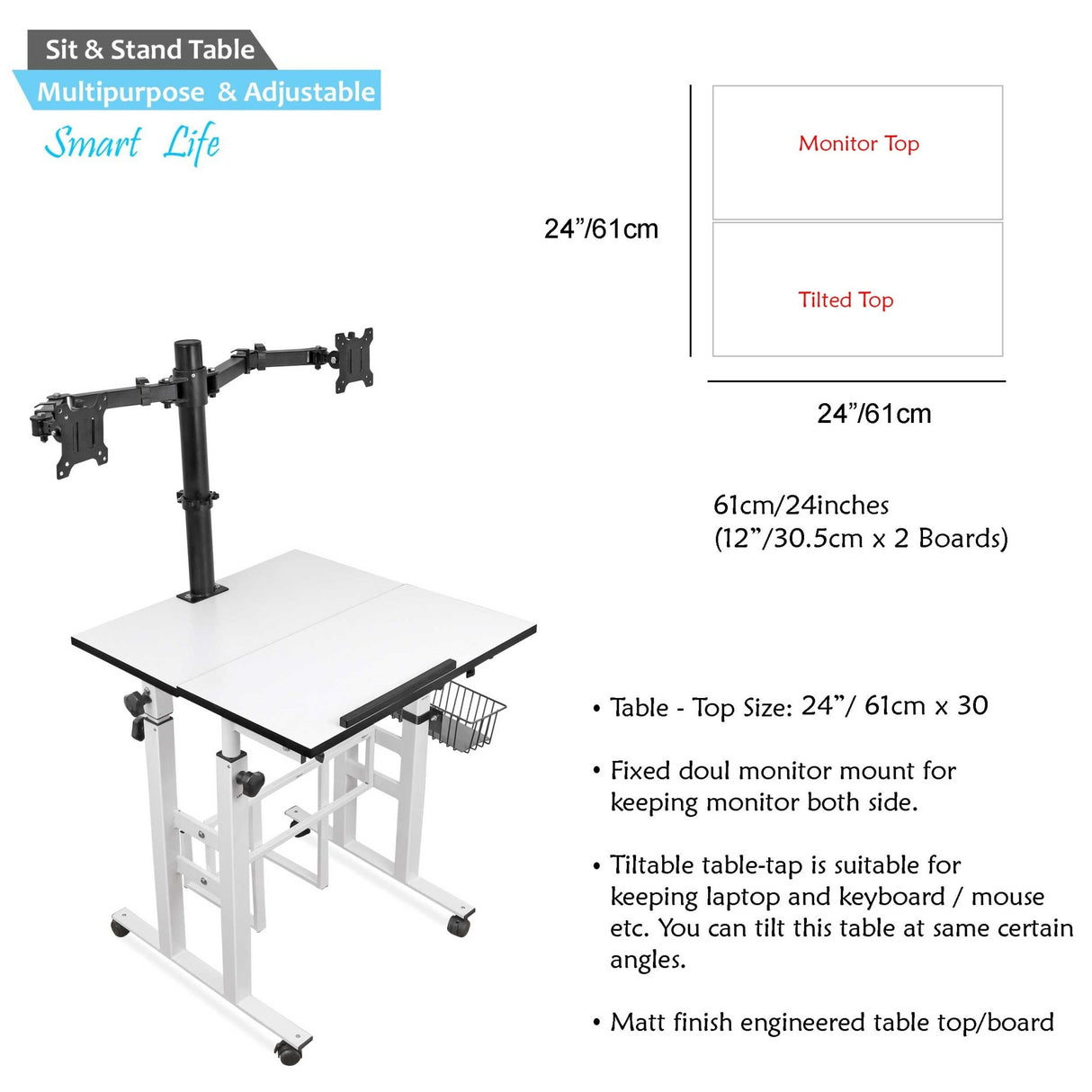 Isomars Desktop Table with dual Monitor Mount - Adjustable Height & Angles, Computer Workstation Useful for Gadgets Like Desktop, Laptop- Made in India (white). - Isomars